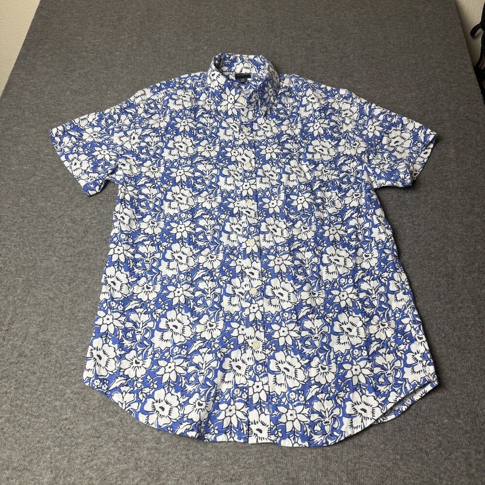 J Crew Classic Linen Blend Blue Floral Short Sleeve Shirt Mens M
